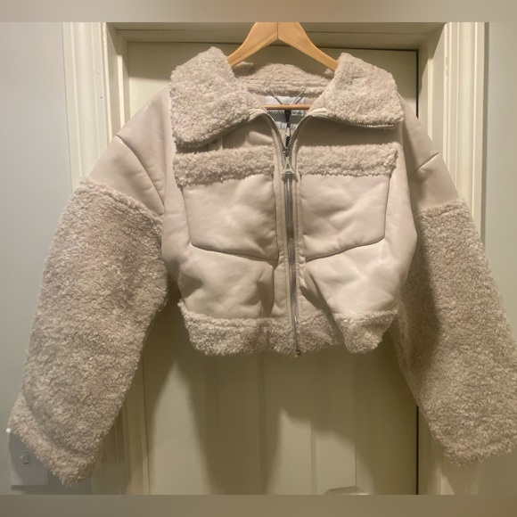 ANGULAR HEM VEGAN LEATHER BORG BIKER JACKET - Picture 10 of 16